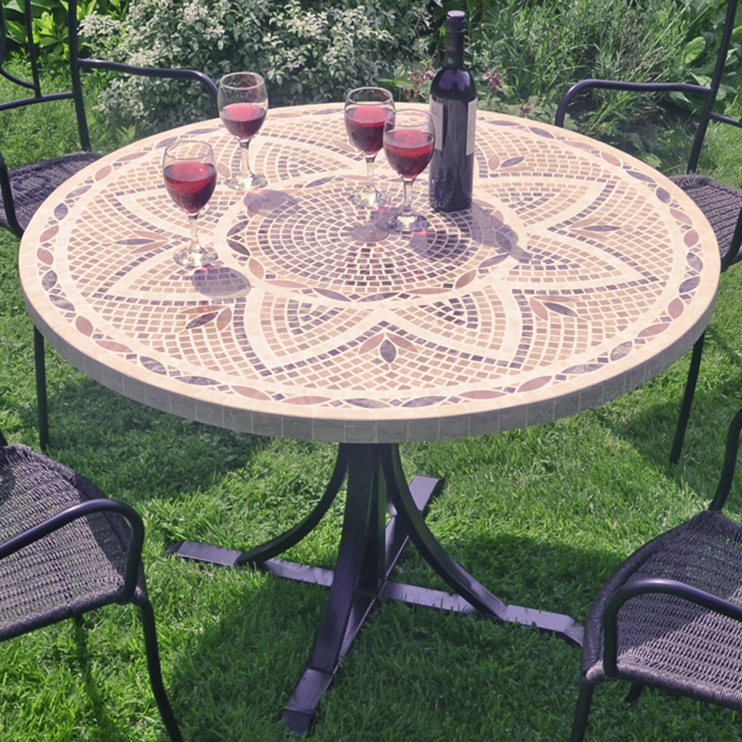 Byron Manor Montpellier Mosaic Stone Garden Dining Table With 4 Dorchester Wicker Chairs Dining Sets Byron Manor   