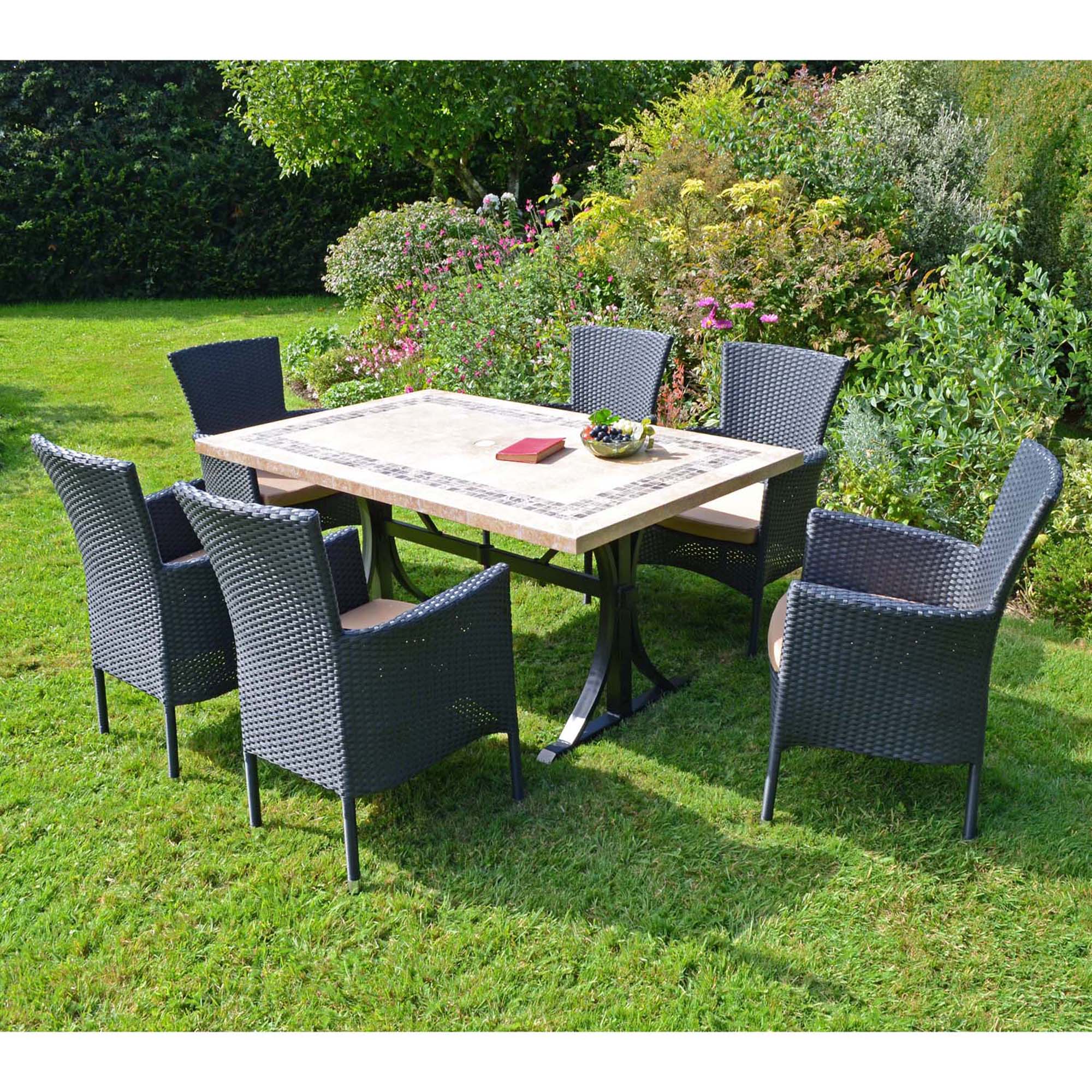 Byron Manor Charleston Stone Garden Dining Table with 6 Stockholm Black Wicker Chairs Dining Sets Byron Manor   