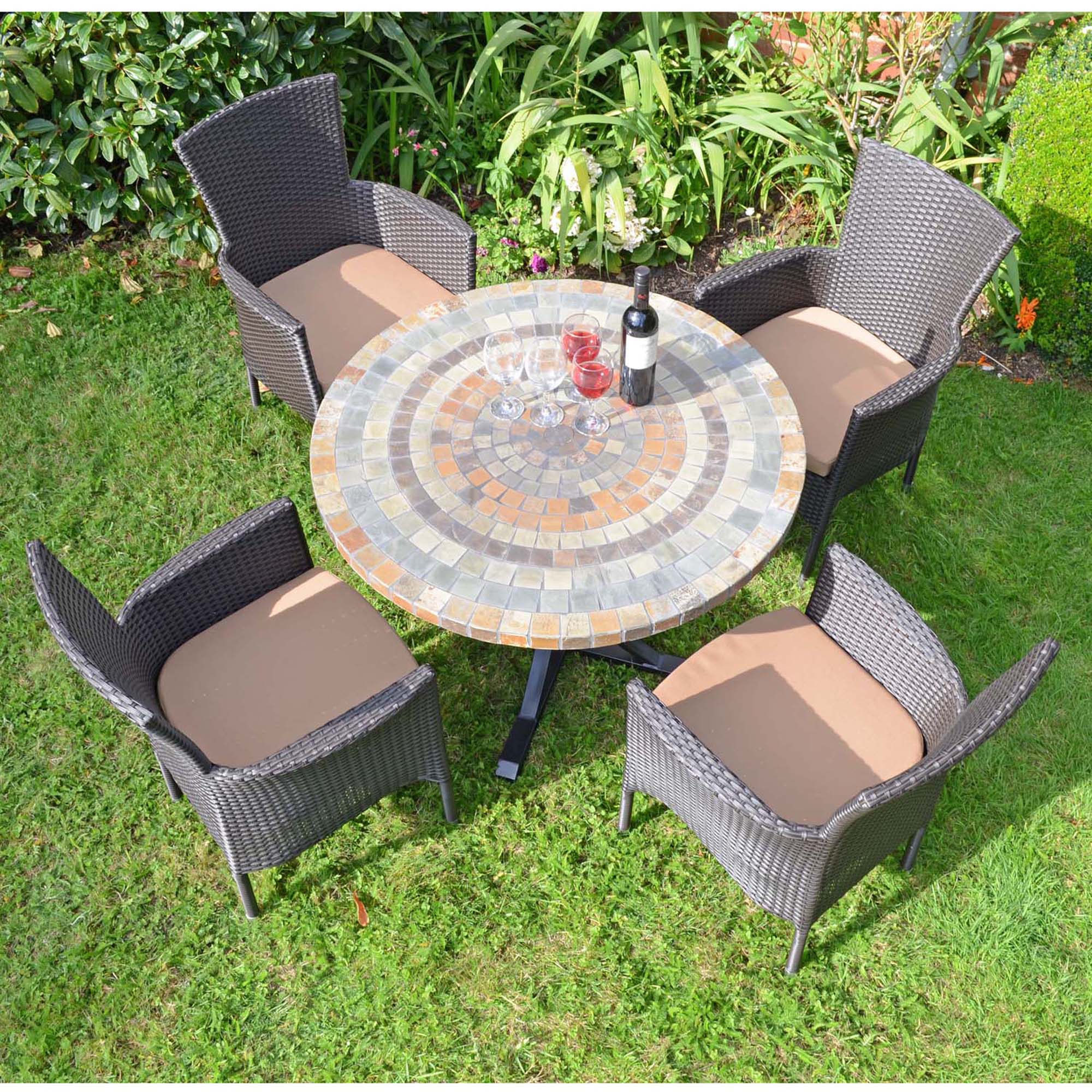 Byron Manor Monterey Stone Mosaic Garden Dining Table with 4 Stockholm Brown Wicker Chairs Dining Sets Byron Manor   