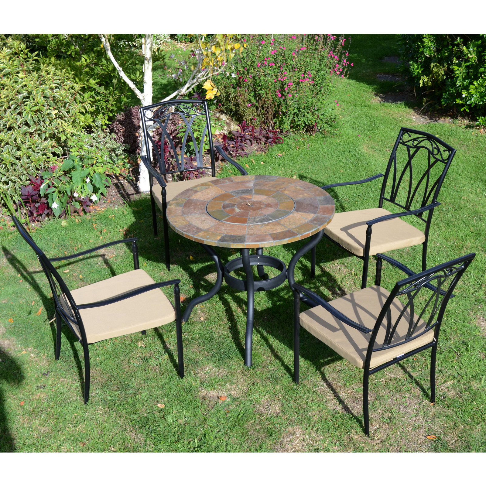 Byron Manor Bayfield Firepit Garden Patio Table with 4 Ascot Chairs Set Dining Sets Byron Manor   