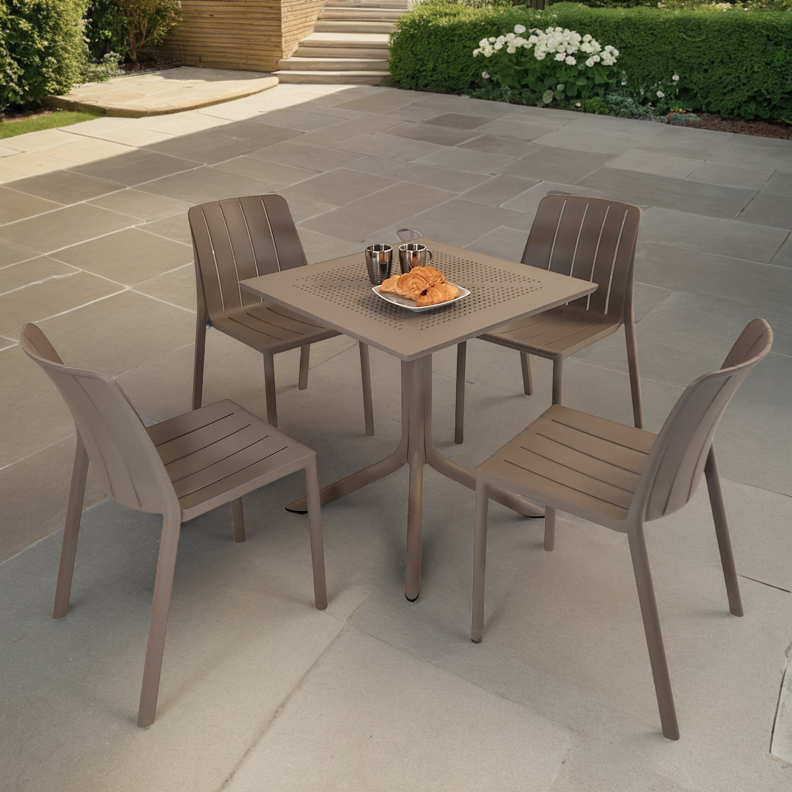 Nardi Clip 70cm Garden Table With 4 Tiberina Bistrot Chair Set in Turtle Dove Dining Sets Nardi