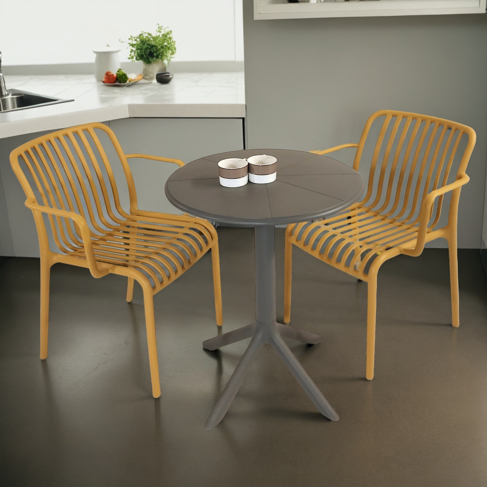 Modura Anders Bistro Table Nickel Grey With 2 Alma Armchair Saffron Outdoor Set Dining Sets Modura