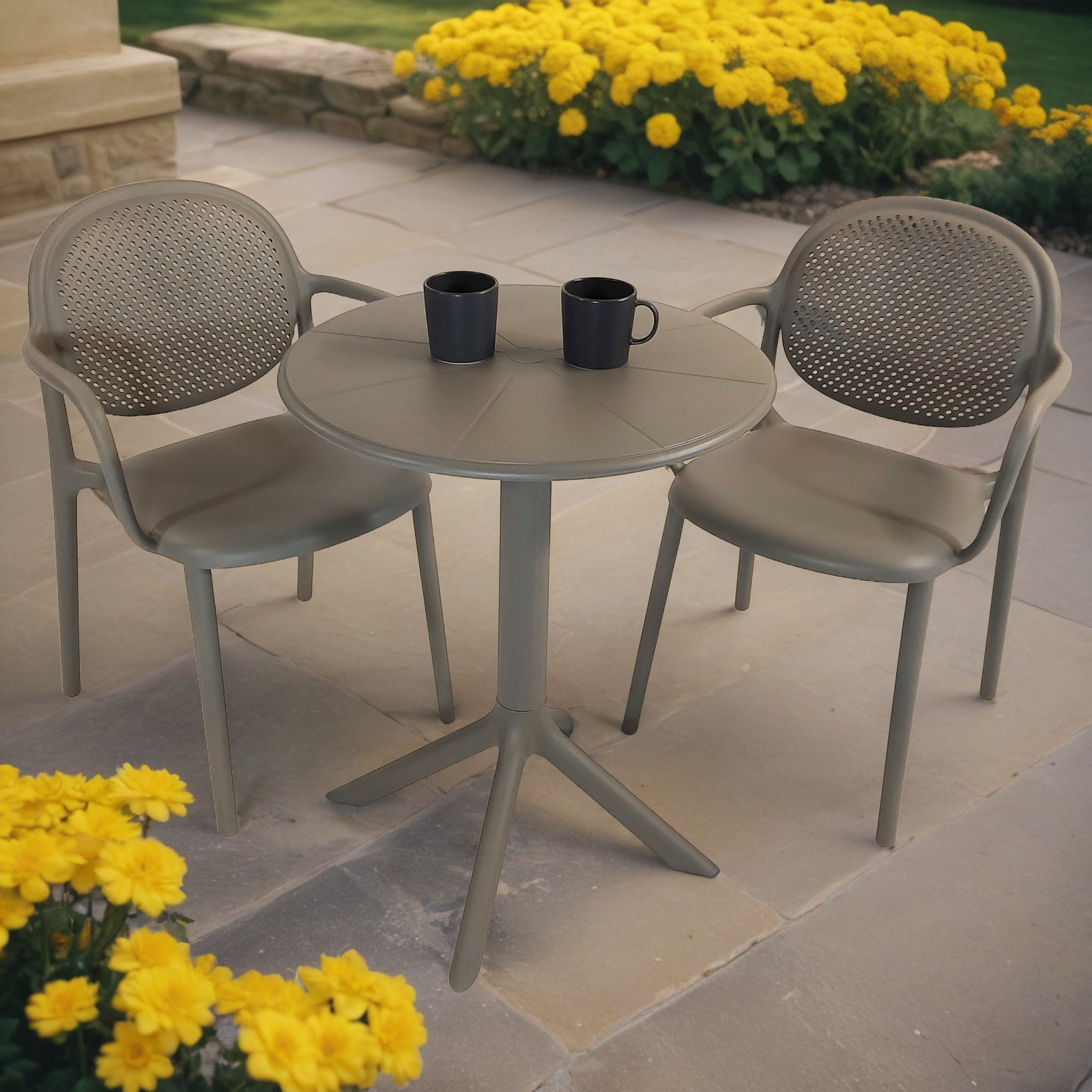 Modura Anders Bistro Table Nickel Grey With 2 Stina Armchair Nickel Grey Outdoor Set Dining Sets Modura