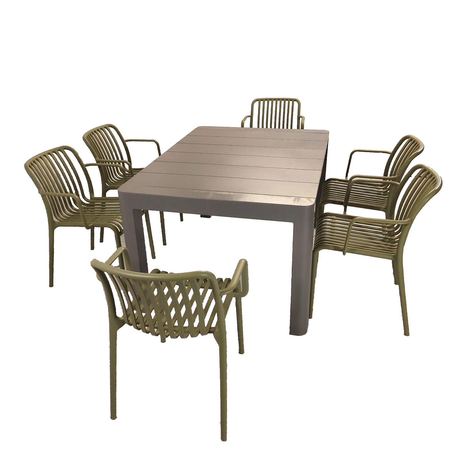 Modura Henrik 140 Dining Table Nickel Grey With 6 Alma Armchair Avocado Outdoor Set Dining Sets Modura