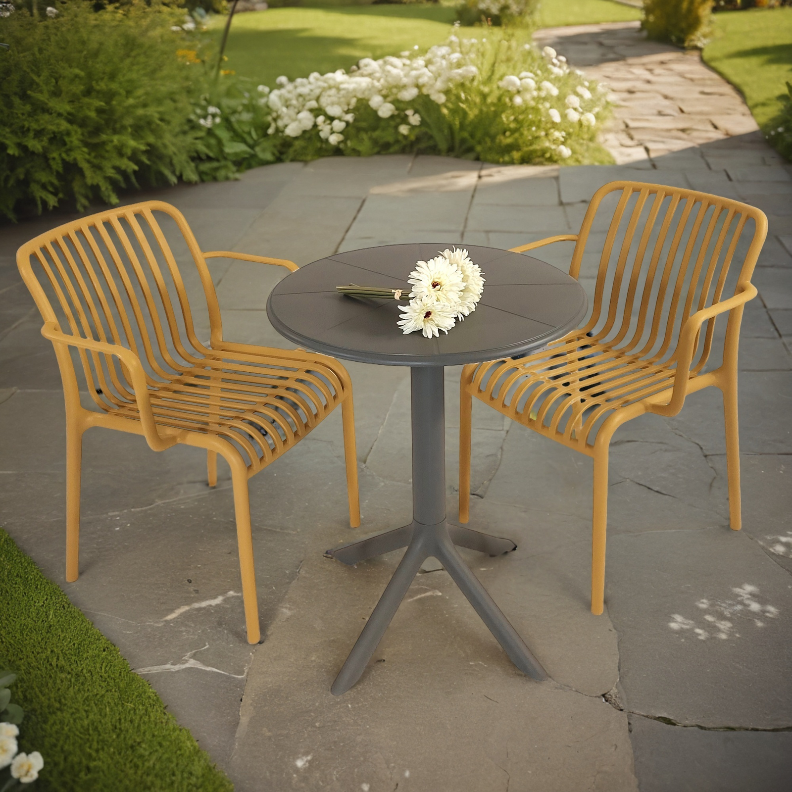 Modura Anders Bistro Table Nickel Grey With 2 Alma Armchair Saffron Outdoor Set Dining Sets Modura