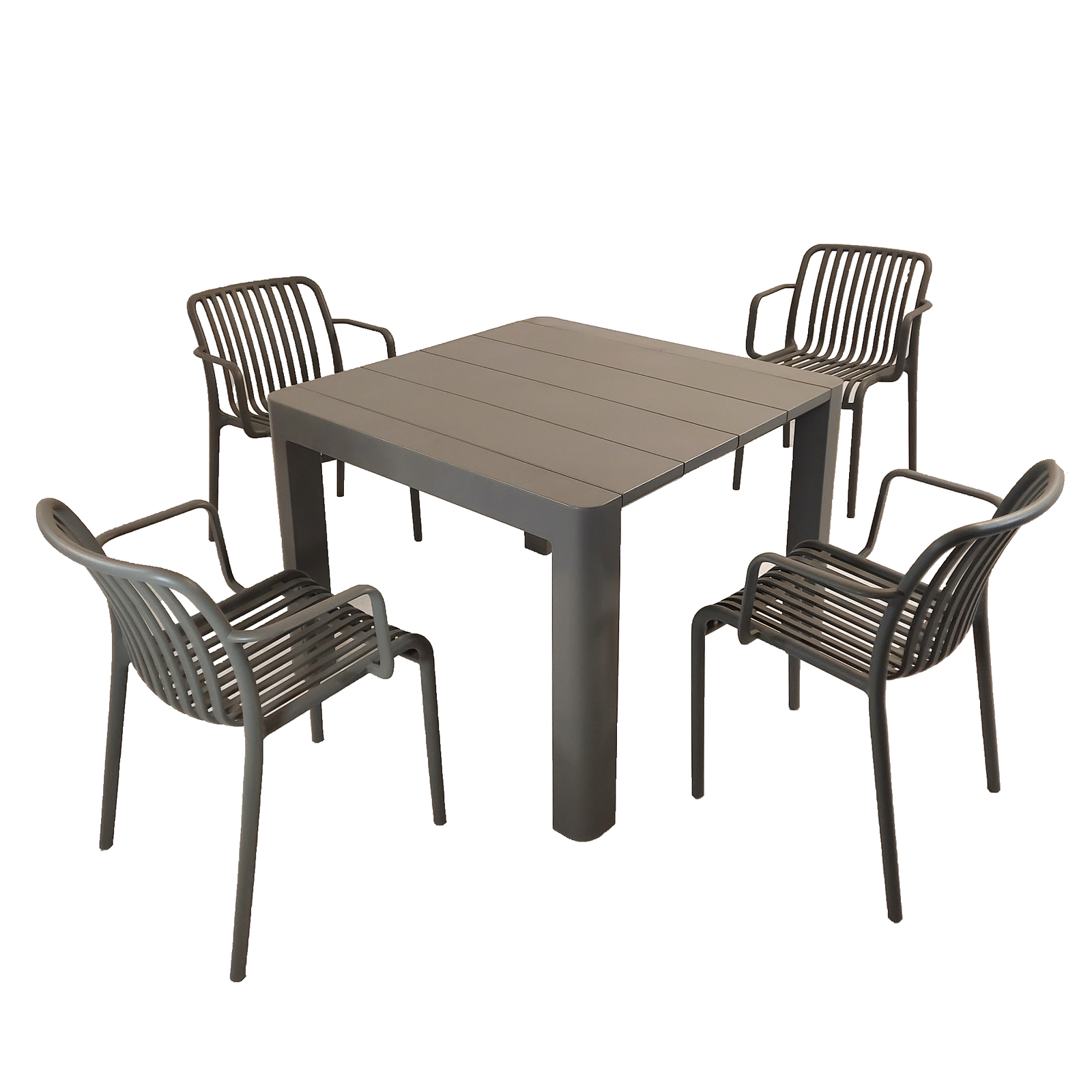 Modura Henrik 100 Dining Table Nickel Grey With 4 Alma Armchair Nickel Grey Outdoor Set Dining Sets Modura