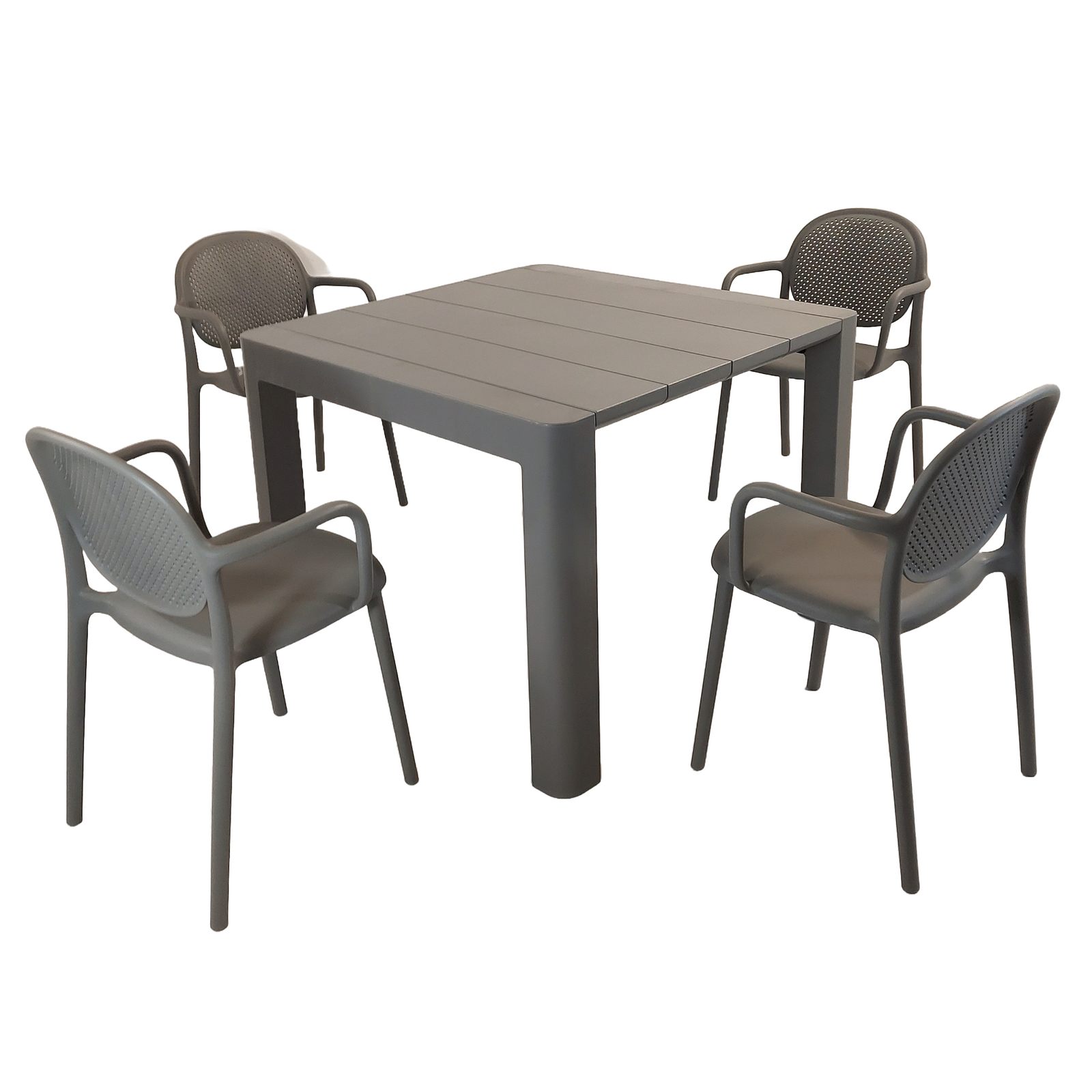 Modura Henrik 100 Dining Table Nickel Grey With 4 Stina Armchair Nickel Grey Outdoor Set Dining Sets Modura