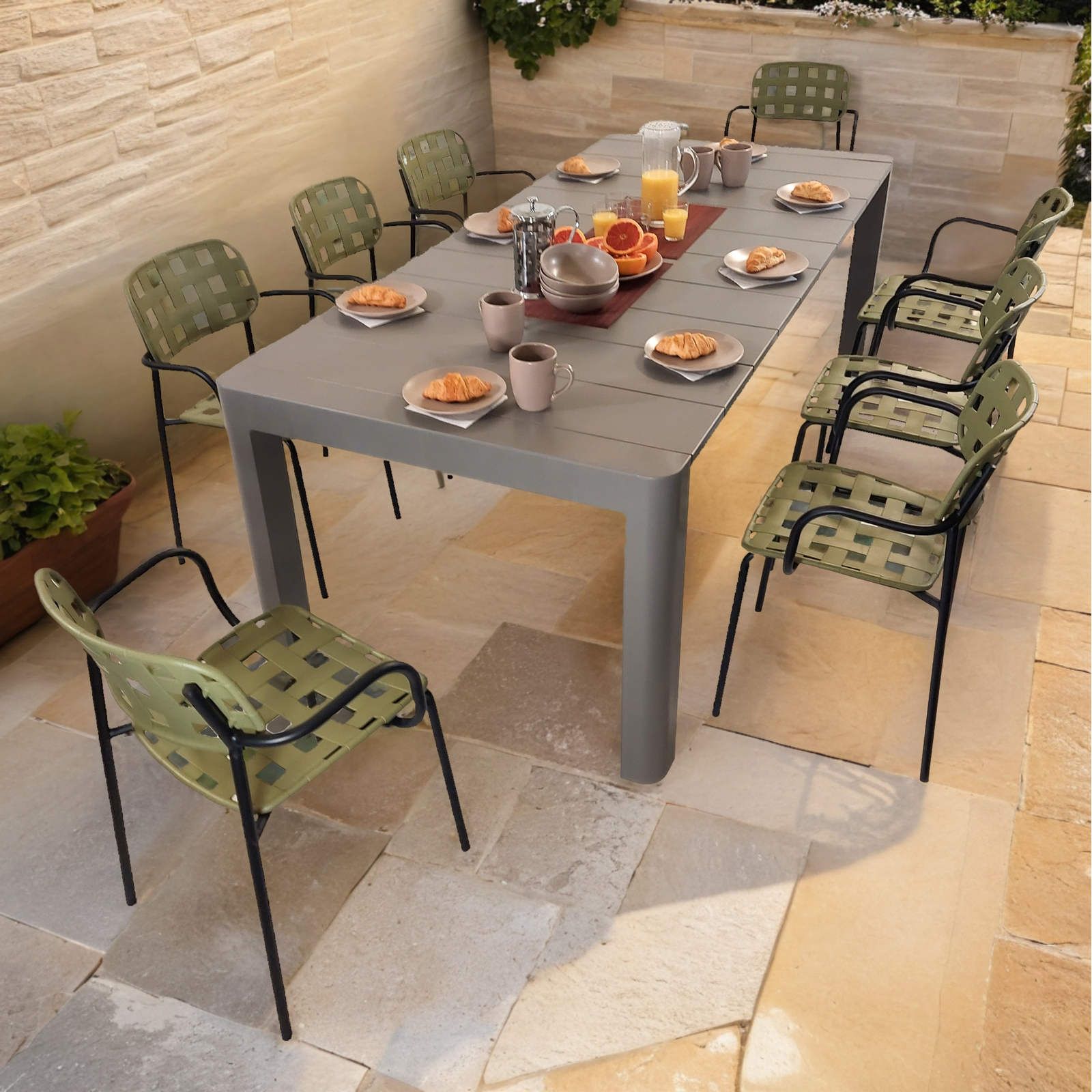 Modura Henrik 220 Dining Table Nickel Grey With 8 Karin Armchair Avocado-Black Outdoor Set Dining Sets Modura