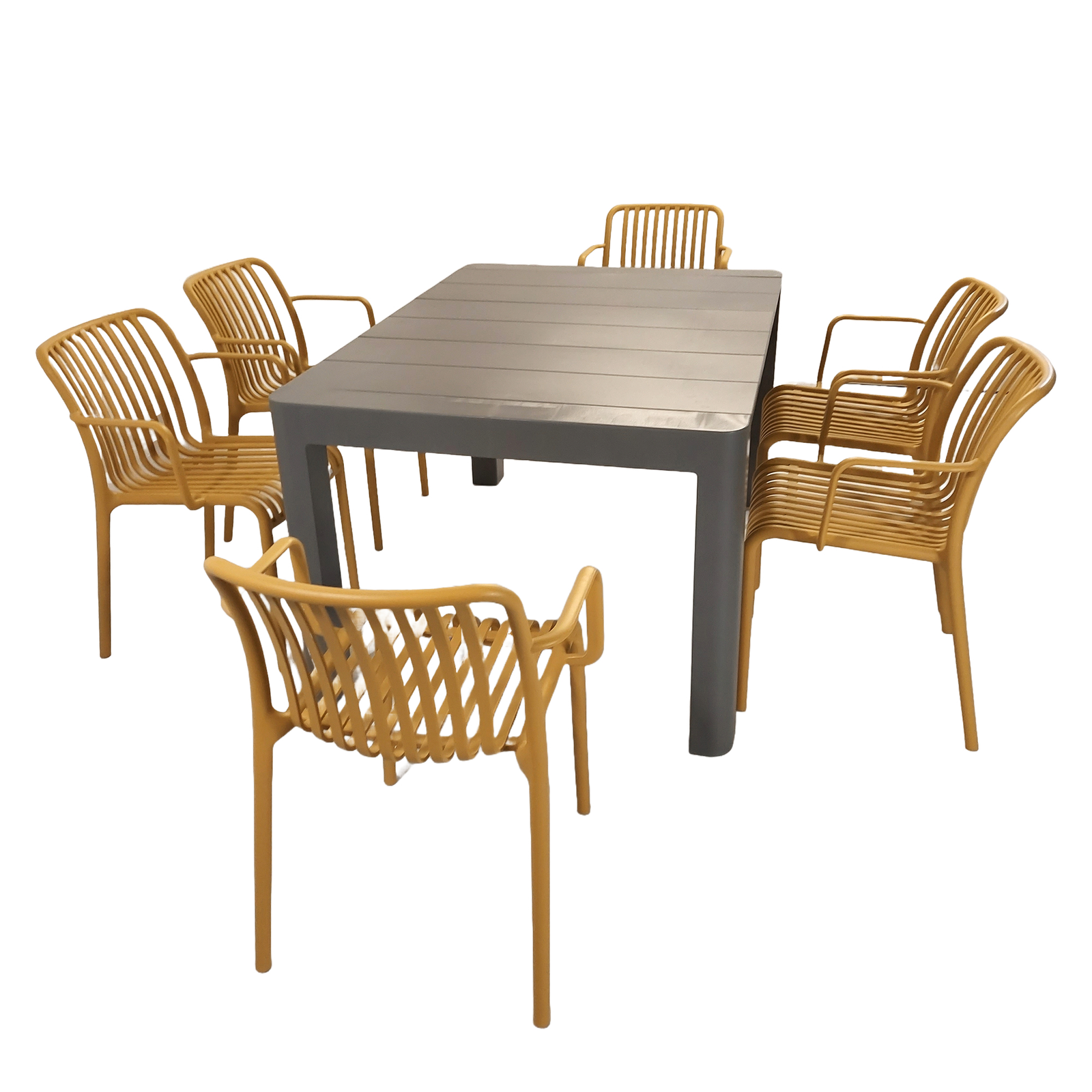 Modura Henrik 140 Dining Table Nickel Grey With 6 Alma Armchair Saffron Outdoor Set Dining Sets Modura