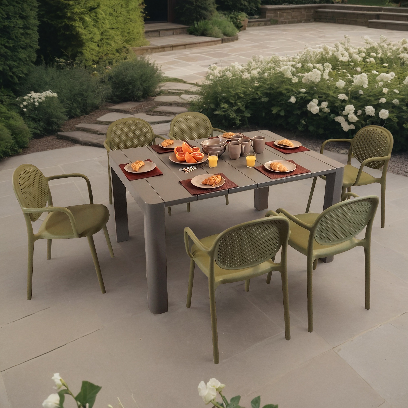 Modura Henrik 140 Dining Table Nickel Grey With 6 Stina Armchair Avocado Outdoor Set Dining Sets Modura