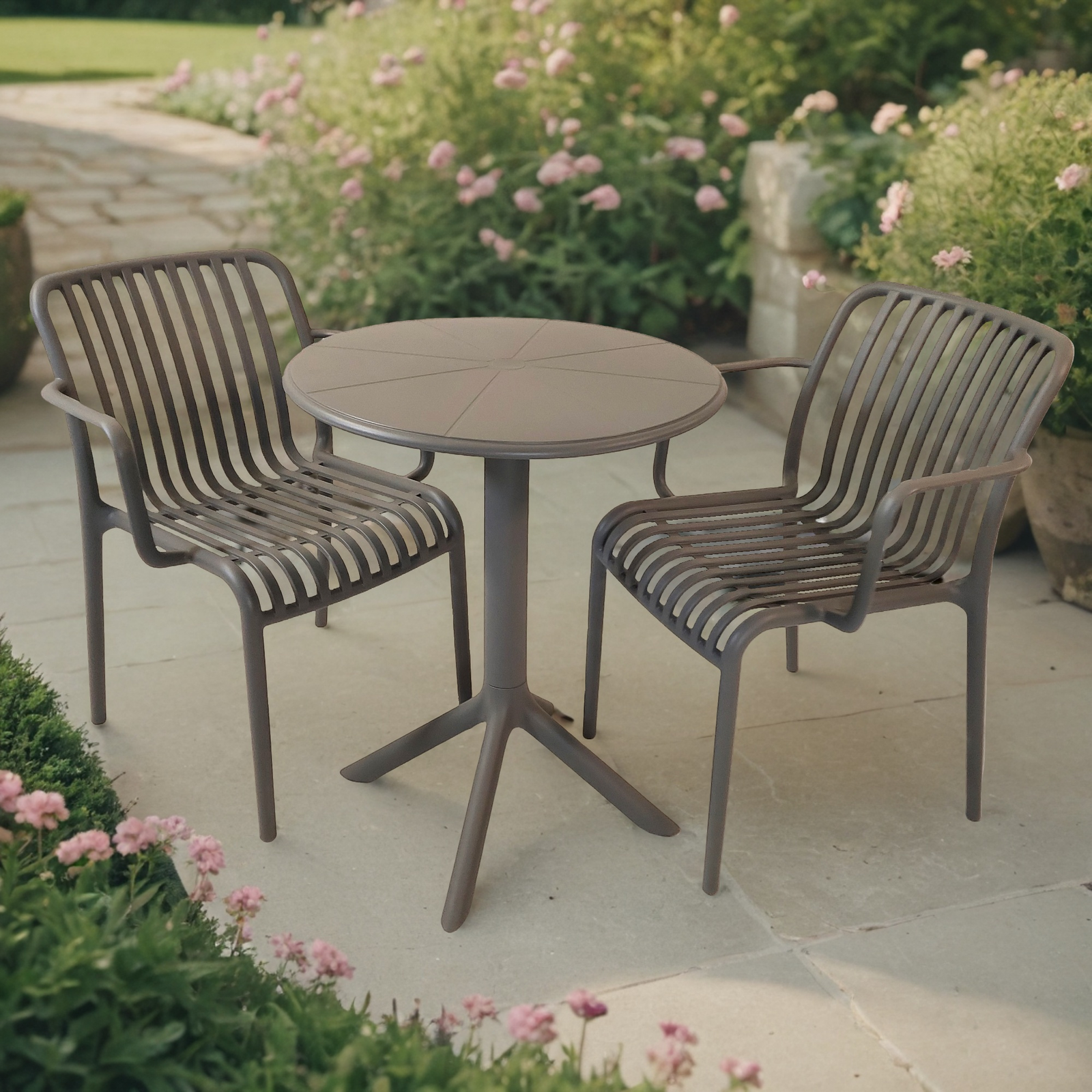 Modura Anders Bistro Table Nickel Grey With 2 Alma Armchair Nickel Grey Outdoor Set Dining Sets Modura Default Title