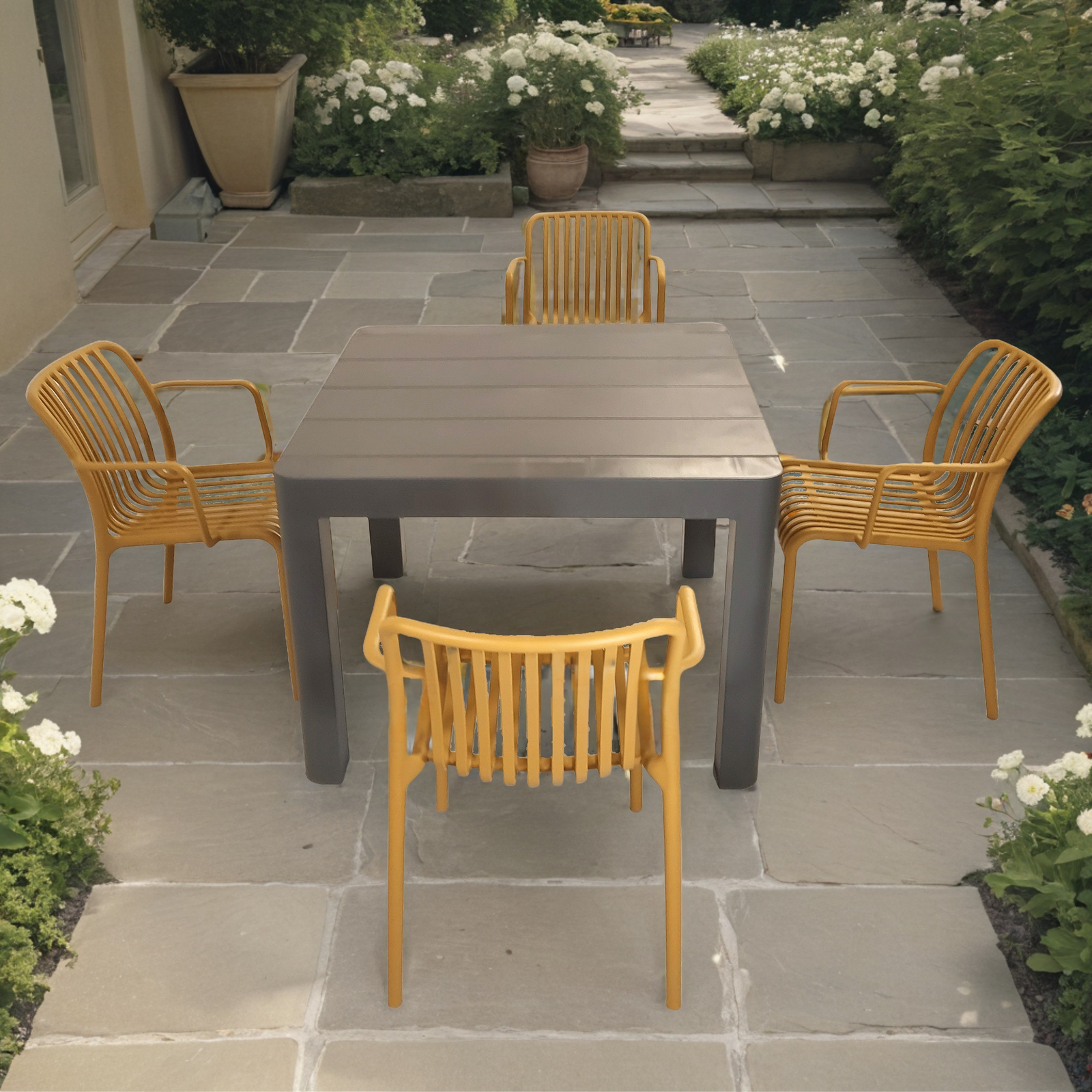 Modura Henrik 100 Dining Table Nickel Grey With 4 Alma Armchair Saffron Outdoor Set Dining Sets Modura Default Title