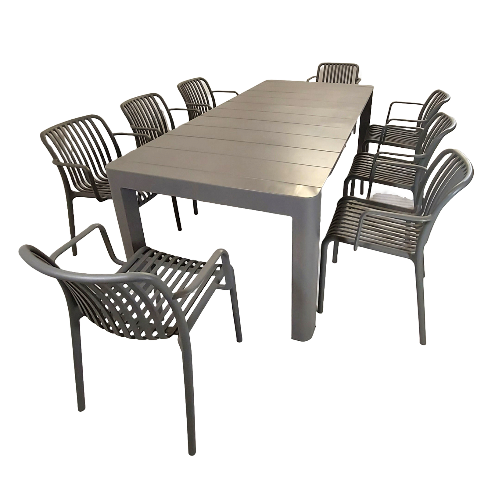 Modura Henrik 220 Dining Table Nickel Grey With 8 Alma Armchair Nickel Grey Outdoor Set Dining Sets Modura