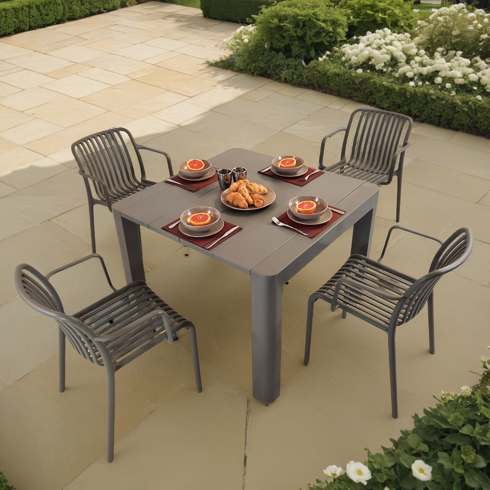 Modura Henrik 100 Dining Table Nickel Grey With 4 Alma Armchair Nickel Grey Outdoor Set Dining Sets Modura