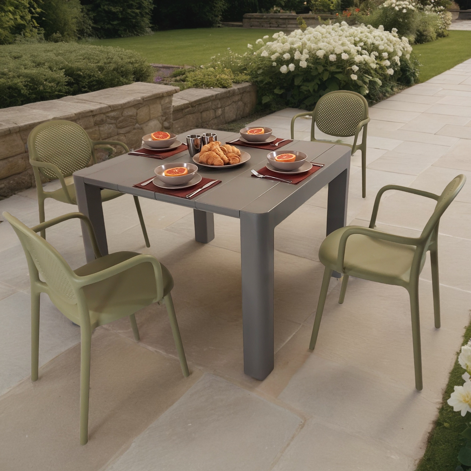 Modura Henrik 100 Dining Table Nickel Grey With 4 Stina Armchair Avocado Outdoor Set Dining Sets Modura