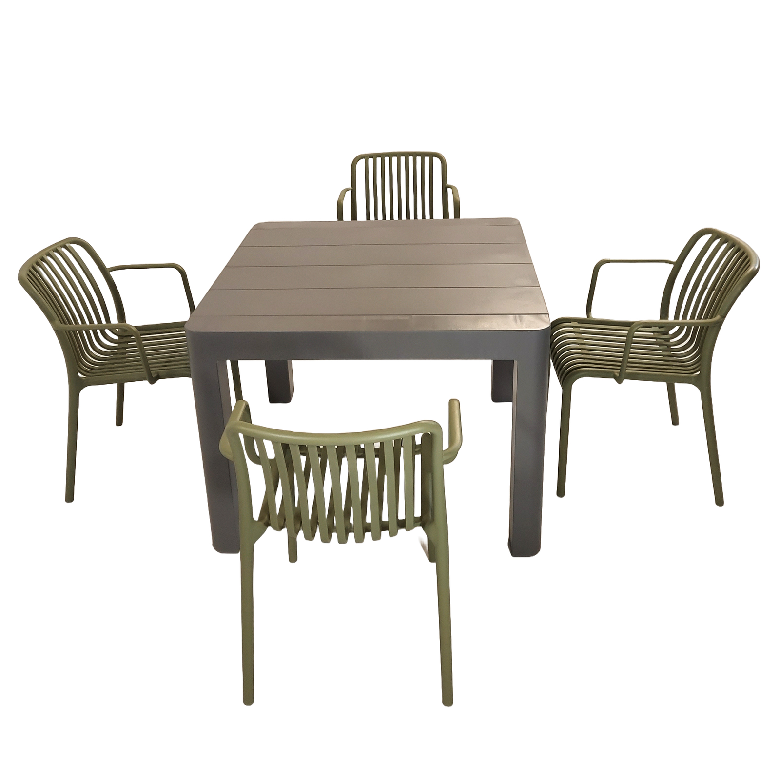 Modura Henrik 100 Dining Table Nickel Grey With 4 Alma Armchair Avocado Outdoor Set Dining Sets Modura