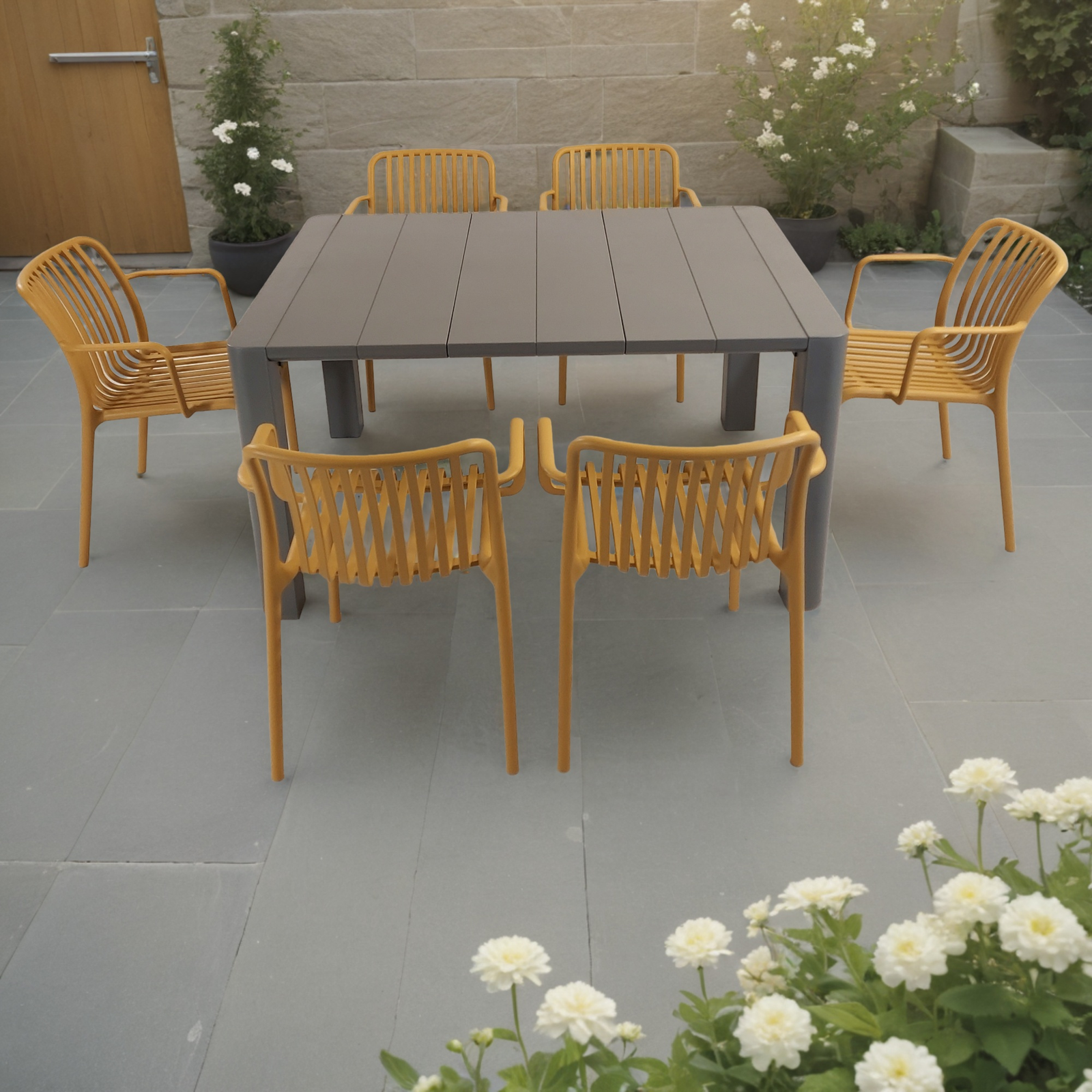 Modura Henrik 140 Dining Table Nickel Grey With 6 Alma Armchair Saffron Outdoor Set Dining Sets Modura Default Title