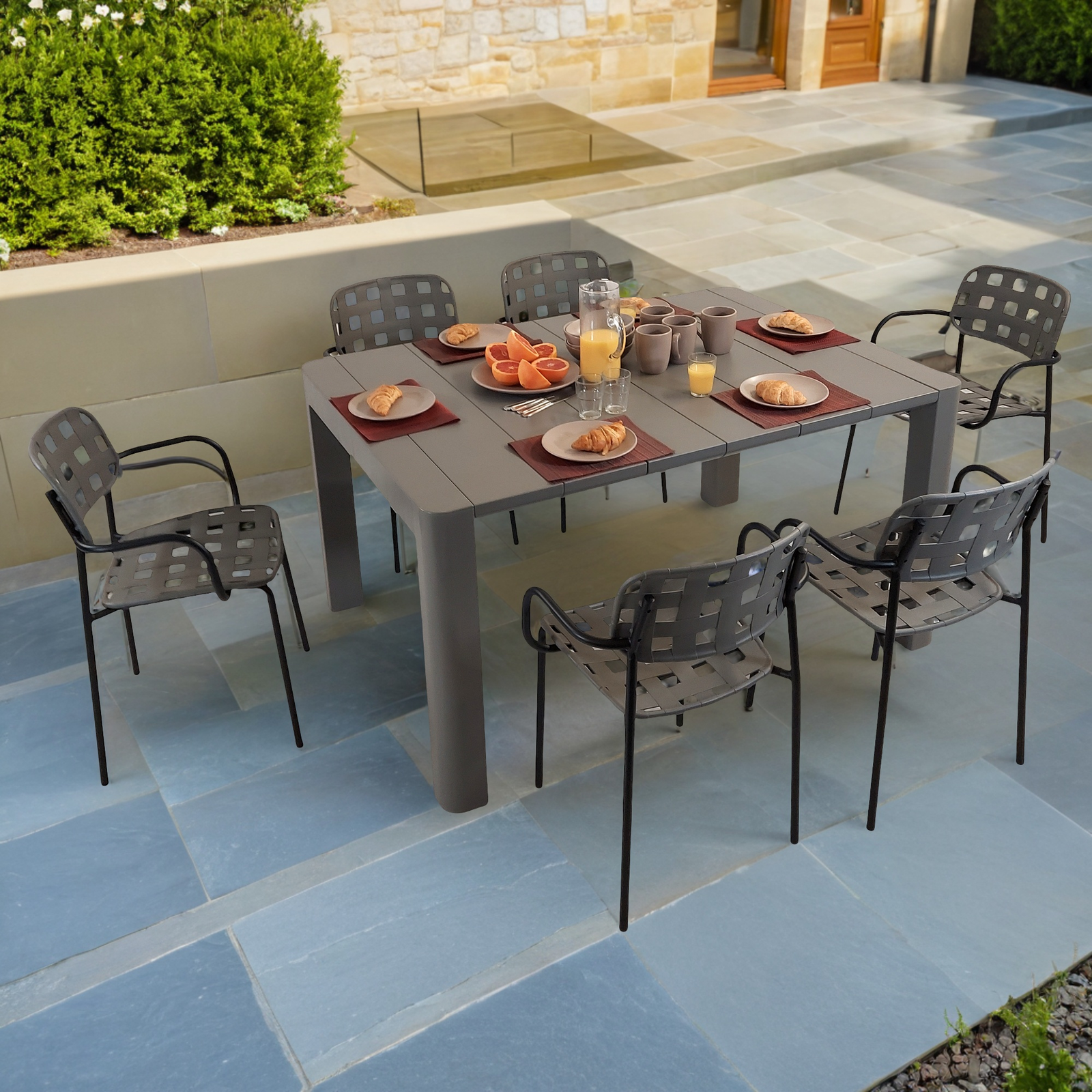 Modura Henrik 140 Dining Table Nickel Grey With 6 Karin Armchair Grey-Black Outdoor Set Dining Sets Modura