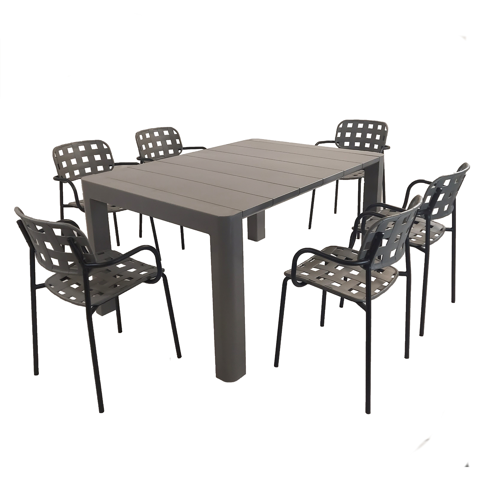 Modura Henrik 140 Dining Table Nickel Grey With 6 Karin Armchair Grey-Black Outdoor Set Dining Sets Modura