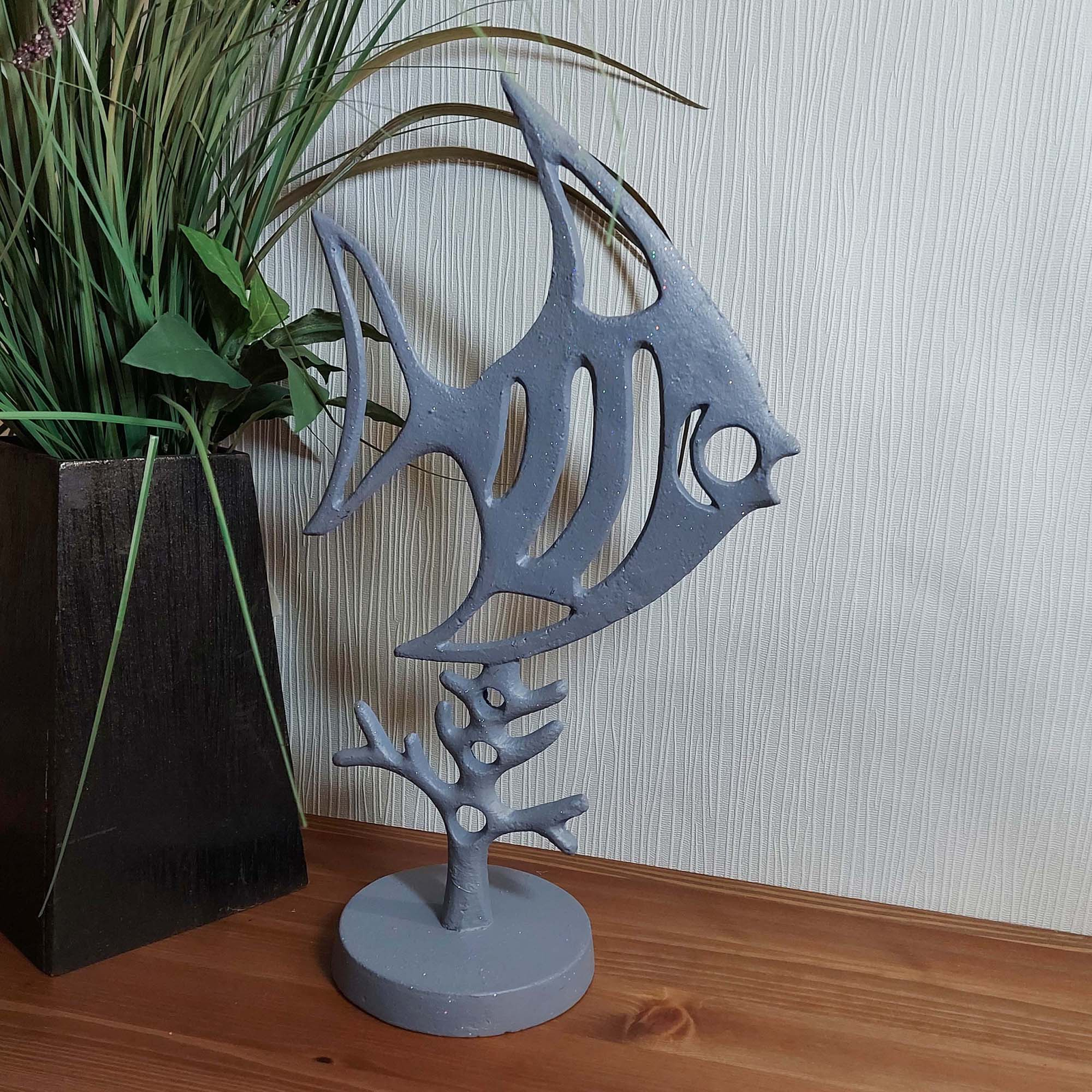 Elur Angel Fish Iron Ornament 37Cm Grey Shimmer Statue Statues Elur   