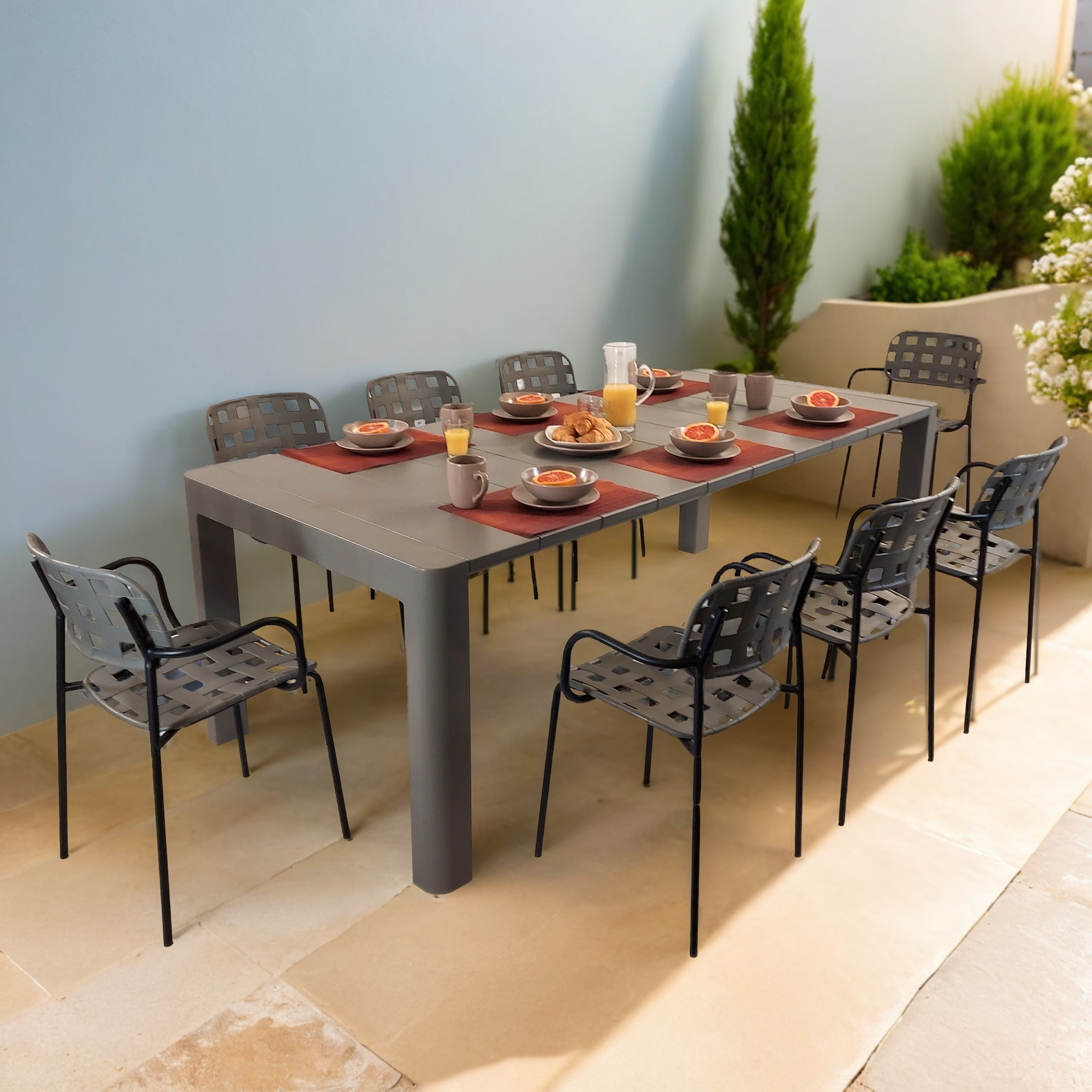 Modura Henrik 220 Dining Table Nickel Grey With 8 Karin Armchair Grey-Black Outdoor Set Dining Sets Modura