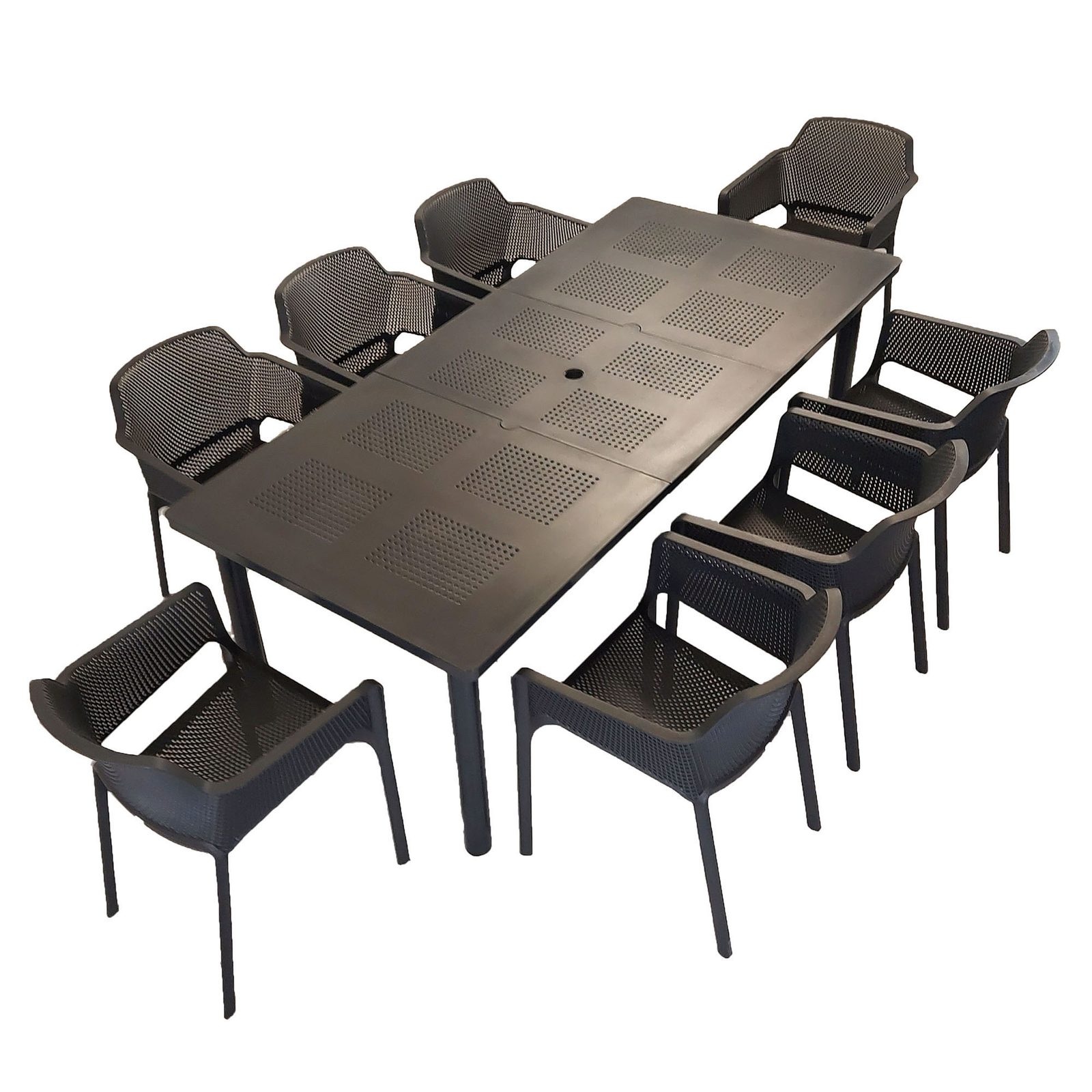Nardi Libeccio Extending  Dining Table with 8 Net Chairs in Anthracite Garden Dining Set Dining Sets Nardi   