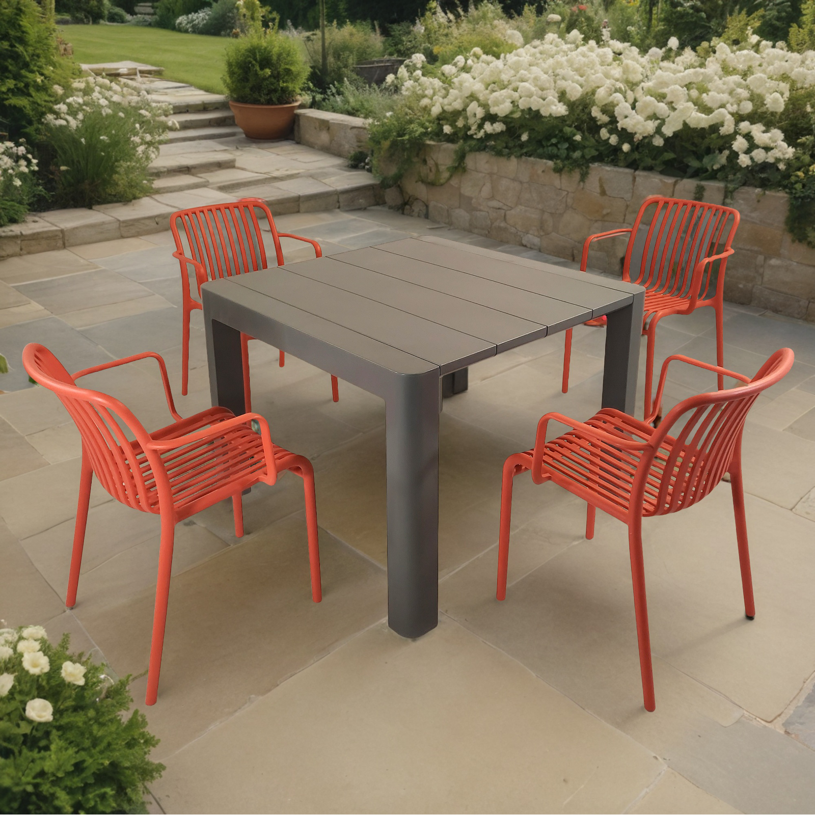 Modura Henrik 100 Dining Table Nickel Grey With 4 Alma Armchair Chilli Outdoor Set Dining Sets Modura Default Title