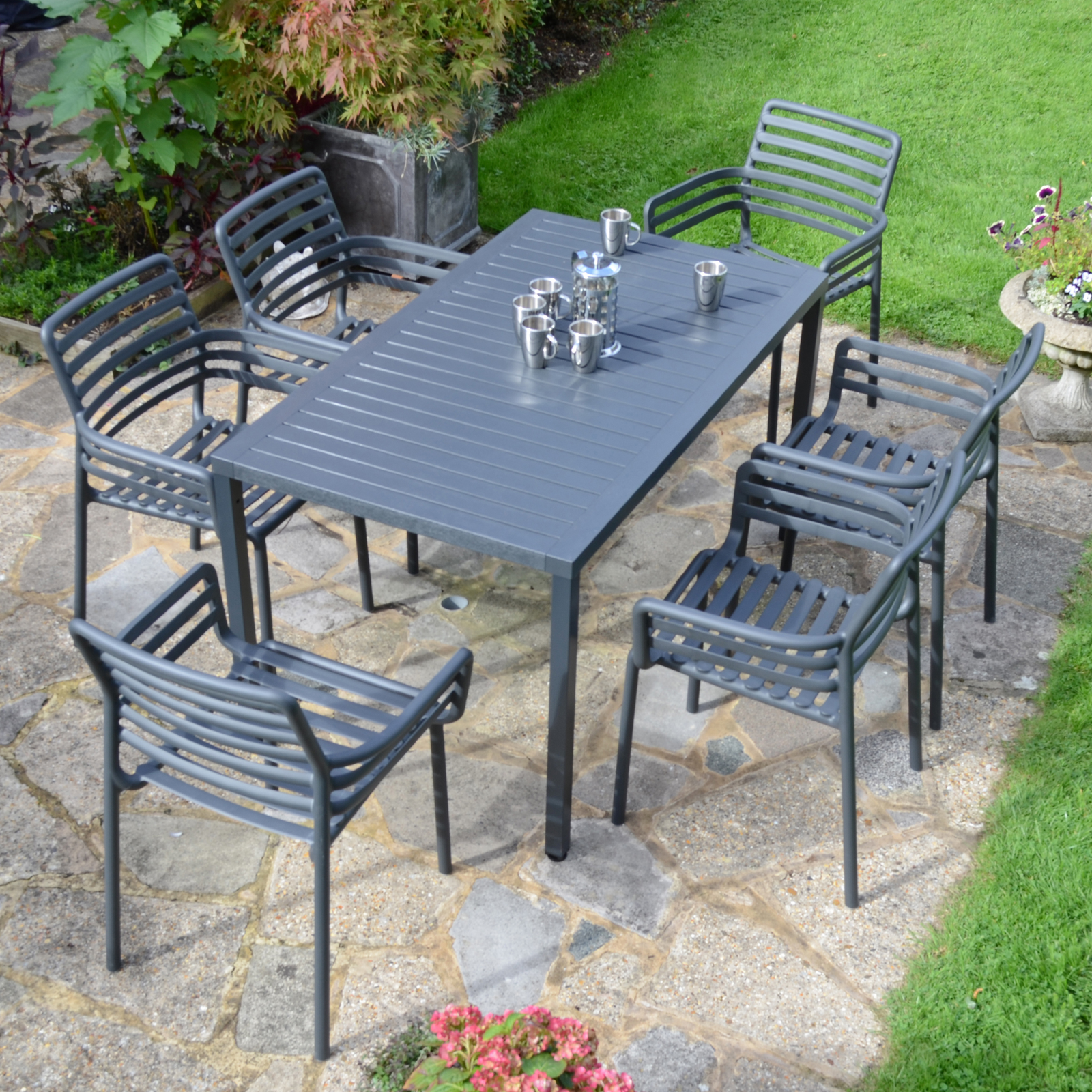 Nardi Cube Garden Table with 6 Doga Chair Set in Anthracite Grey