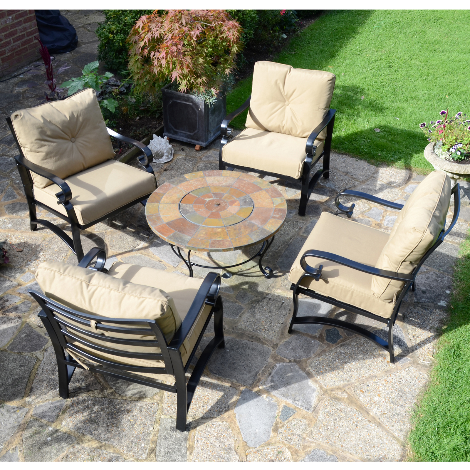 Byron Manor Bayfield Firepit Garden Coffee Table with 4 Windsor Deluxe Lounge Chair Set Dining Sets Byron Manor   