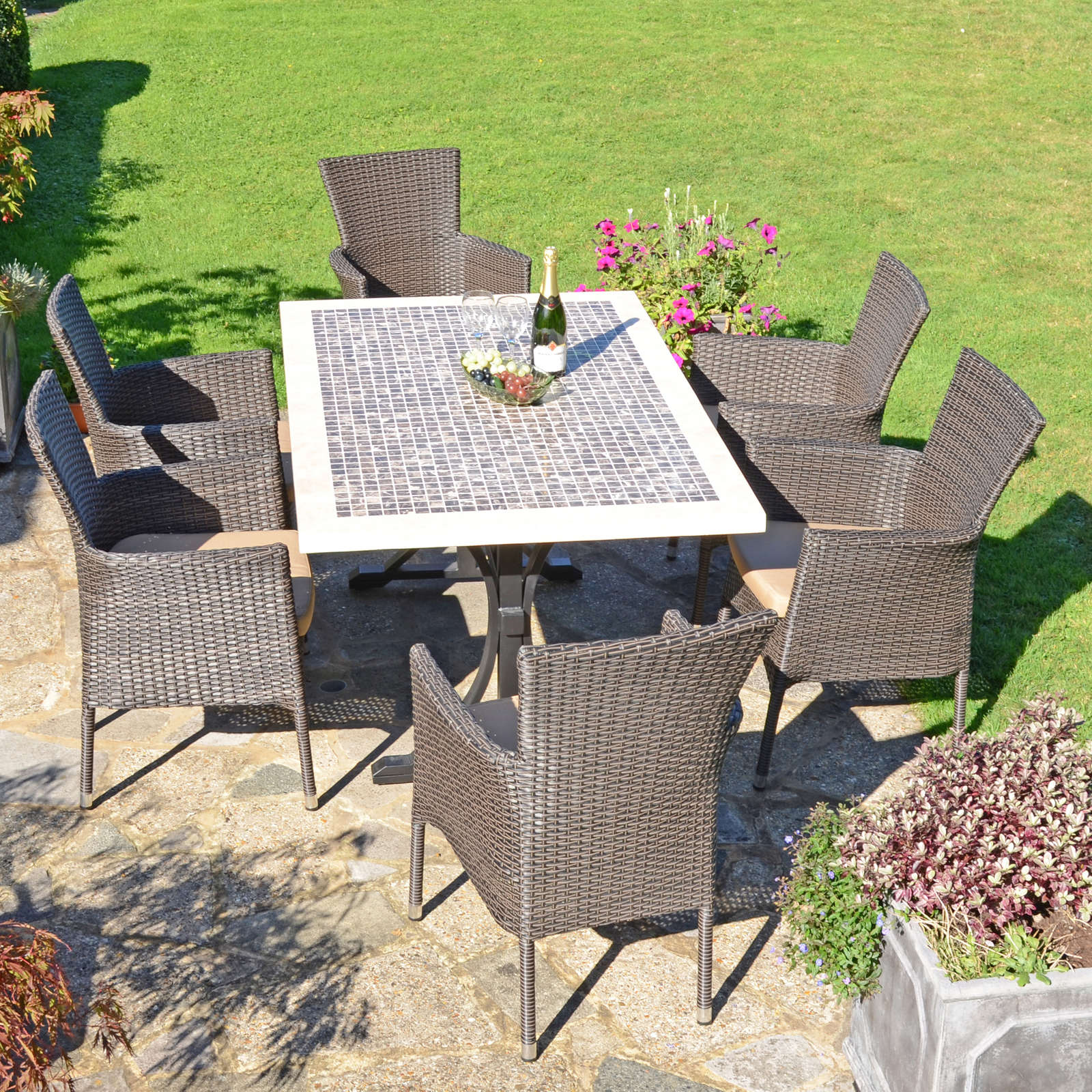 Byron Manor Wilmington Mosaic Stone Garden Dining Table With 6 Stockholm Brown Wicker Chairs Dining Sets Byron Manor   