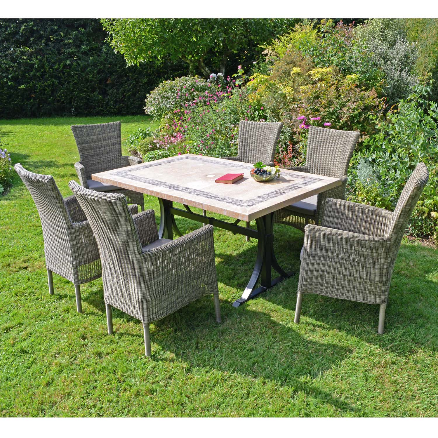Byron Manor Charleston Stone Garden Dining Table with 6 Dorchester Wicker Chairs Set Dining Sets Byron Manor   