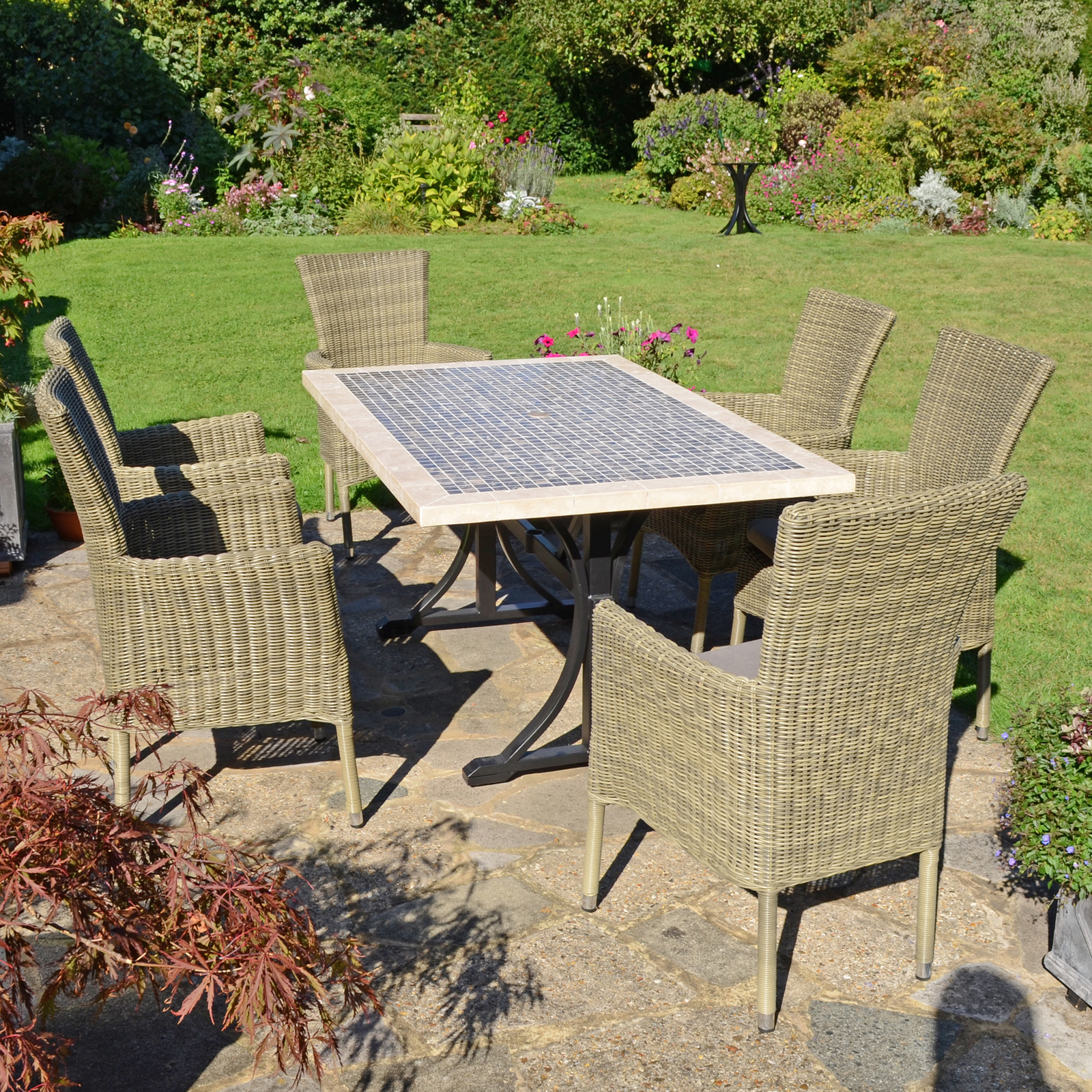 Byron Manor Wilmington Mosaic Stone Garden Dining Table With 6 Dorchester Wicker Chairs Dining Sets Byron Manor   