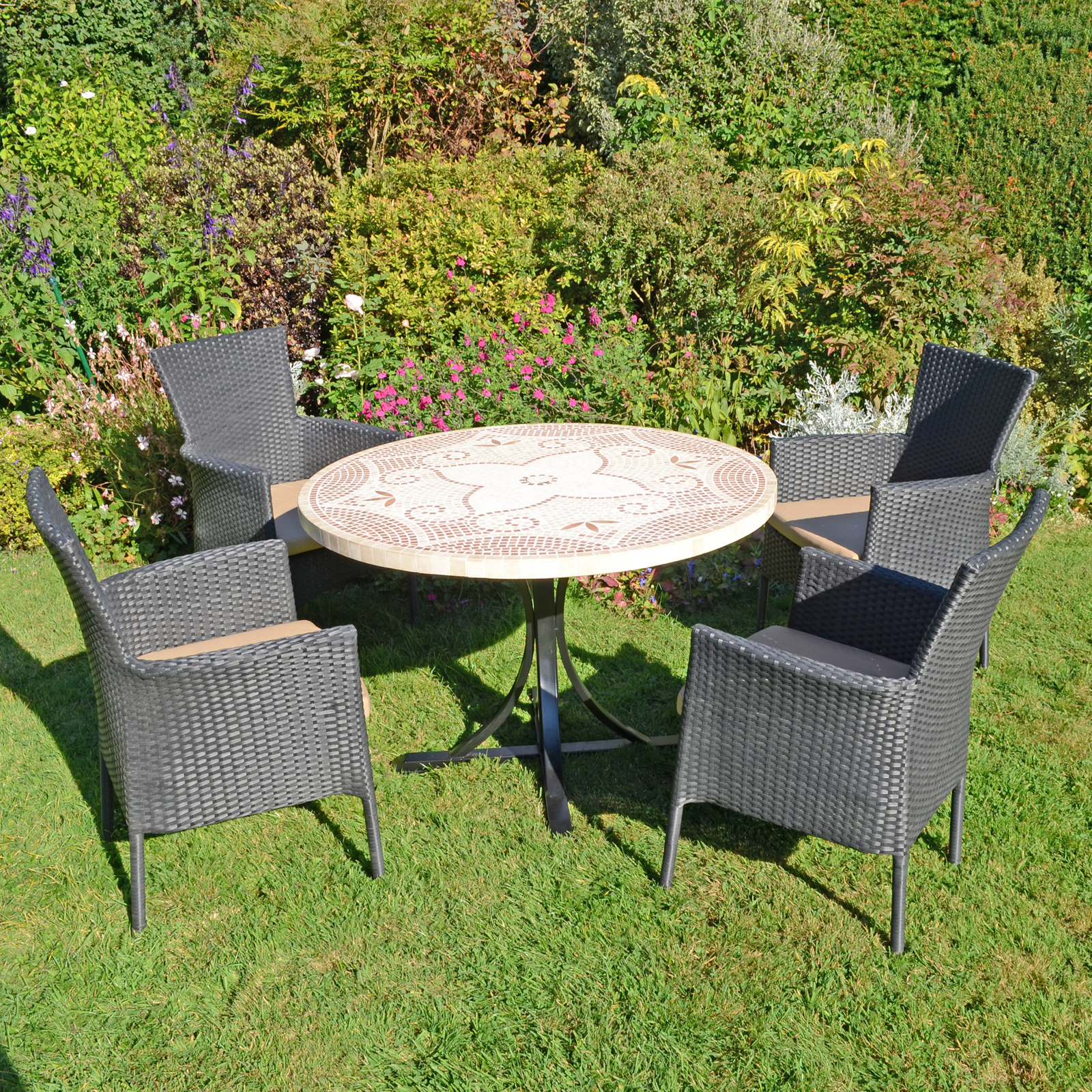 Byron Manor Provence Mosaic Stone Garden Dining Table With 4 Stockholm Black Wicker Chairs Dining Sets Byron Manor   