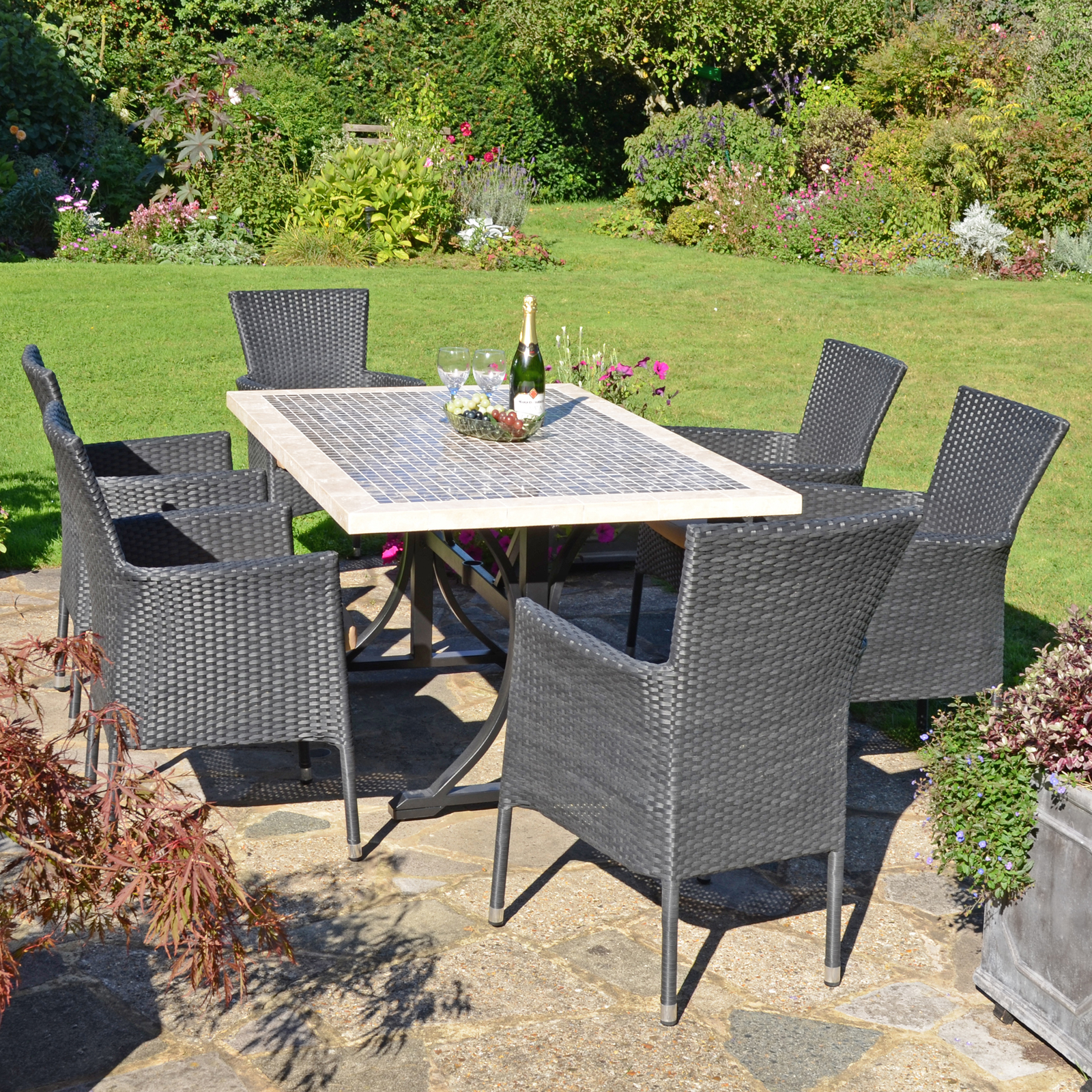 Byron Manor Wilmington Mosaic Stone Garden Dining Table With 6 Stockholm Black Wicker Chairs Dining Sets Byron Manor   