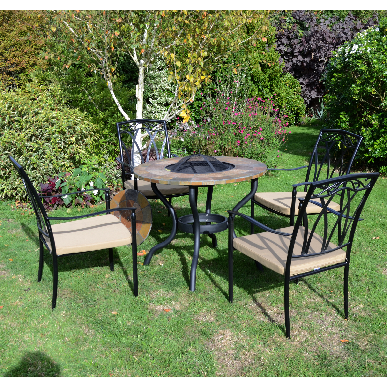 Byron Manor Bayfield Firepit Garden Patio Table with 4 Ascot Chairs Set Dining Sets Byron Manor   