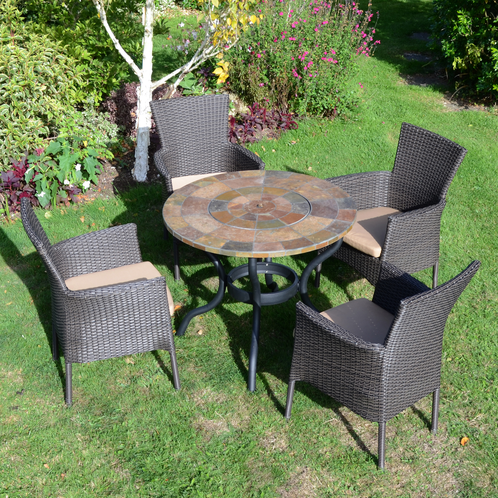 Byron Manor Bayfield Firepit Garden Patio Table with 4 Stockholm Brown Chairs Set Dining Sets Byron Manor   