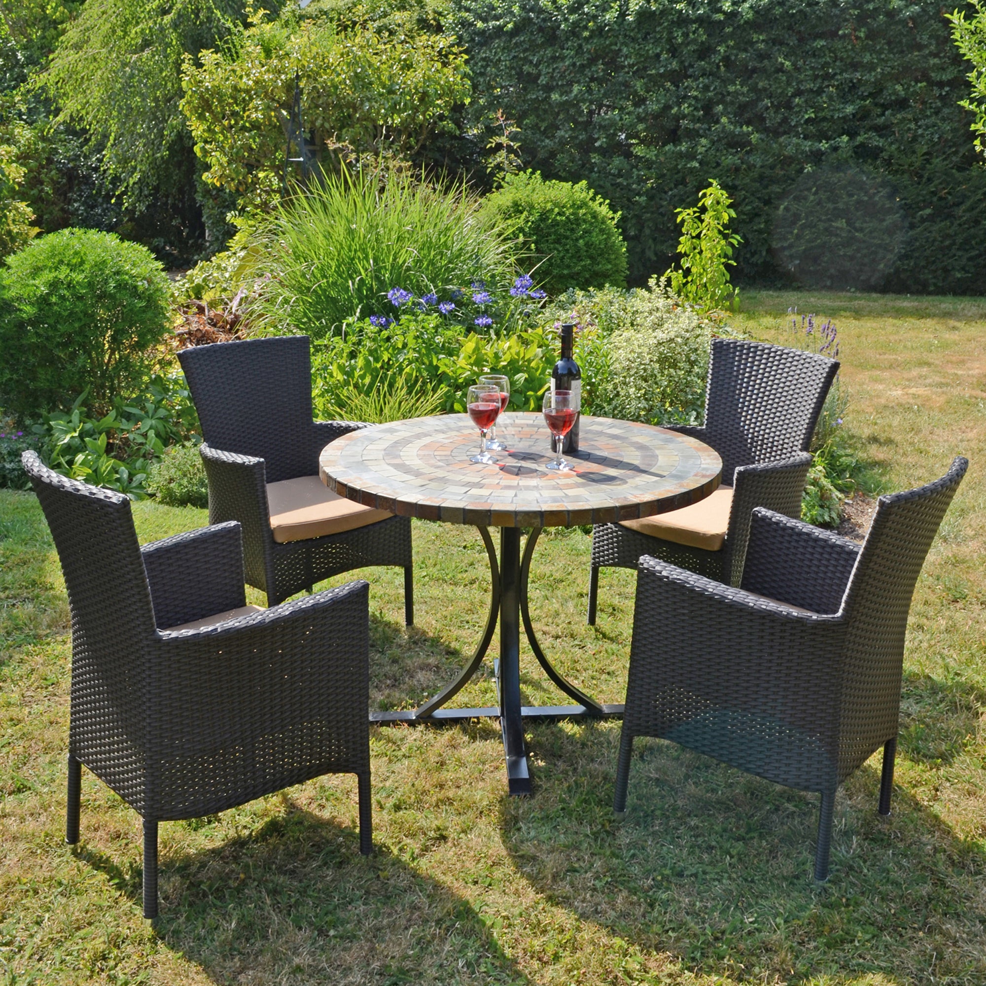 Byron Manor Monterey Stone Mosaic Garden Dining Table with 4 Stockholm Brown Wicker Chairs Dining Sets Byron Manor   