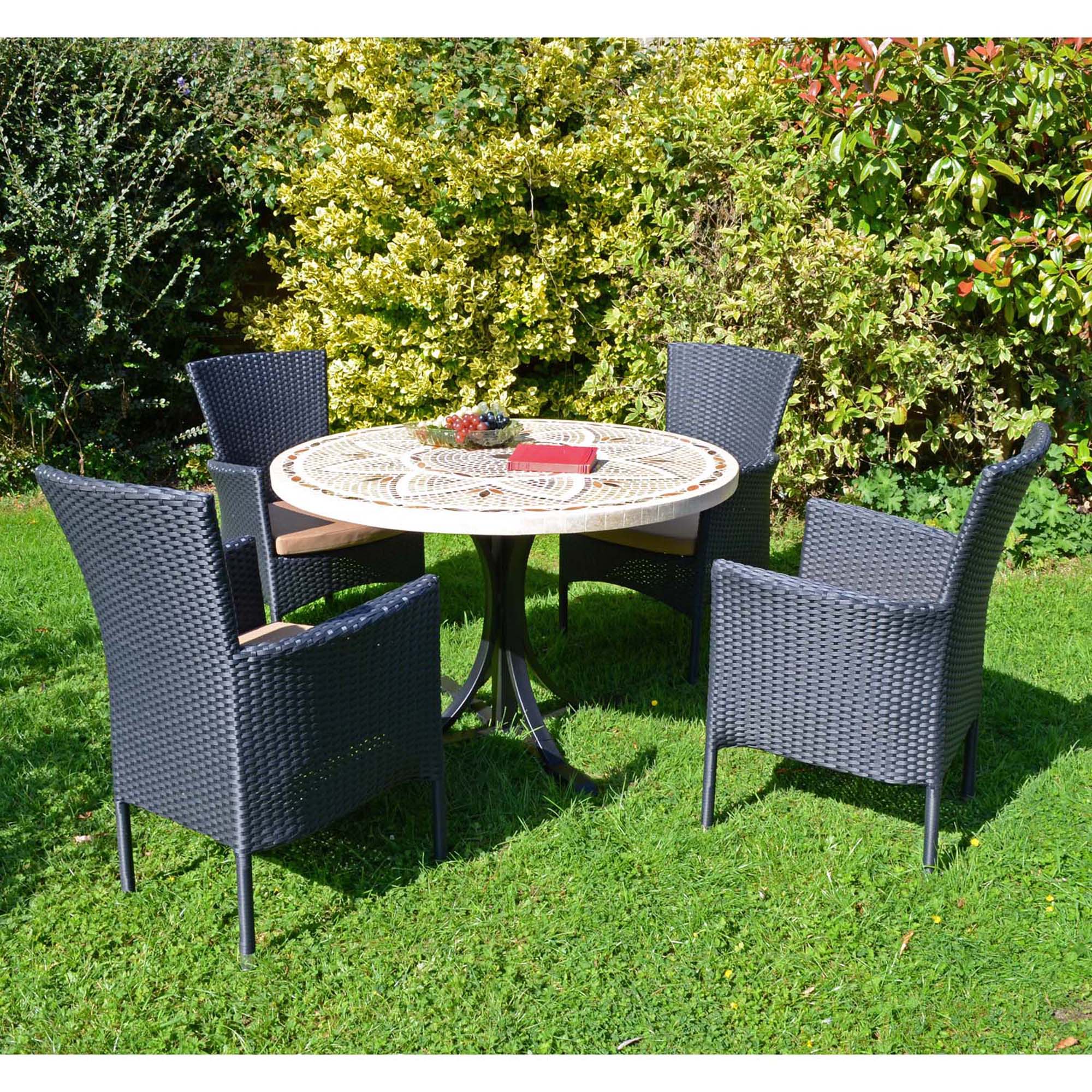 Byron Manor Montpellier Stone Mosaic Garden Dining Table with 4 Stockholm Black Wicker Chairs Dining Sets Byron Manor   