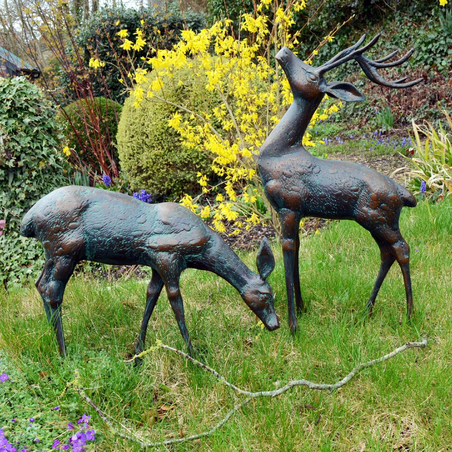 Solstice Sculptures Deer Pair Small Aluminium Dark Verdigris Statues Solstice Sculptures   