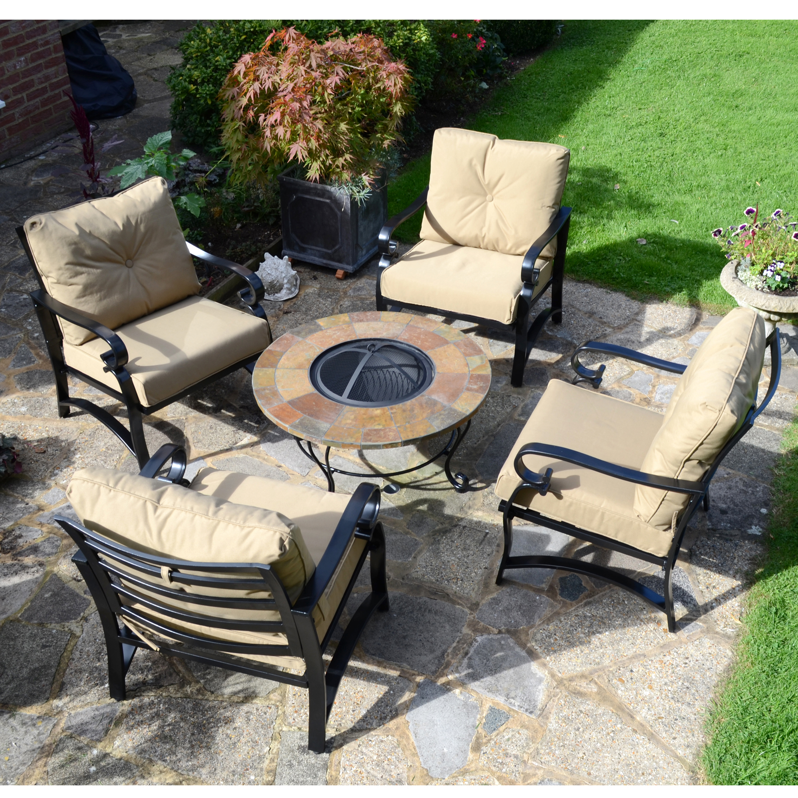 Byron Manor Bayfield Firepit Garden Coffee Table with 4 Windsor Deluxe Lounge Chair Set Dining Sets Byron Manor   