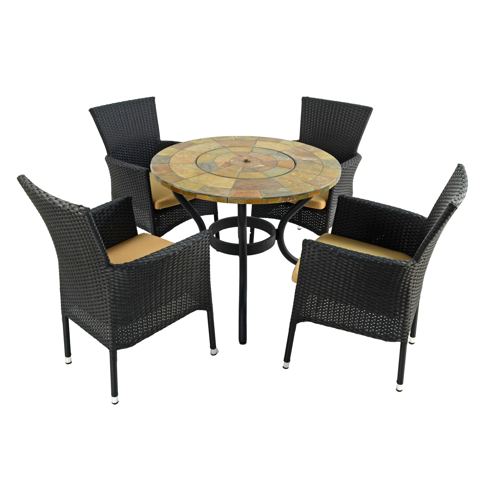 Byron Manor Bayfield Firepit Garden Patio Table with 4 Stockholm Black Chairs Set Dining Sets Byron Manor   