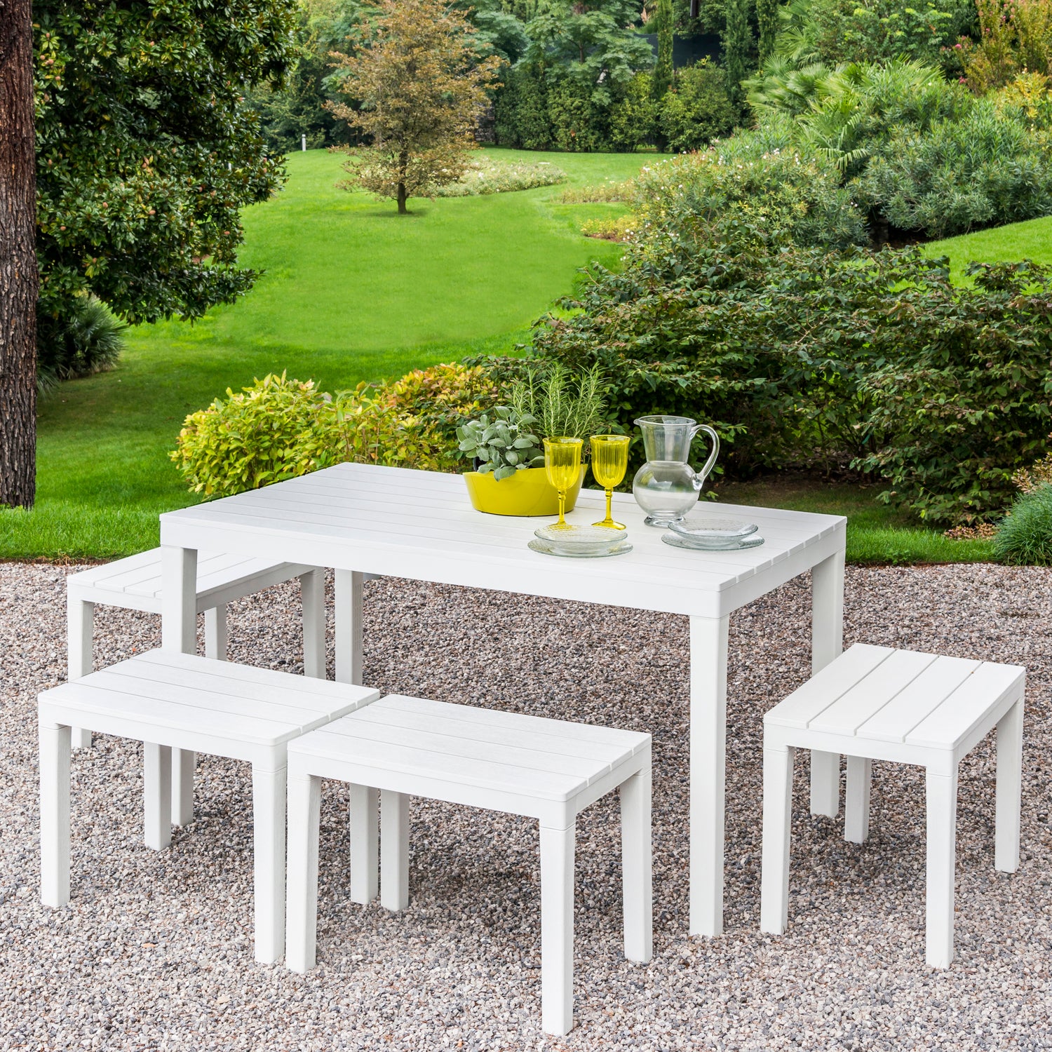 Trabella Roma Rectangular Garden Table with 4 Roma Bench Set in White Dining Sets Trabella   